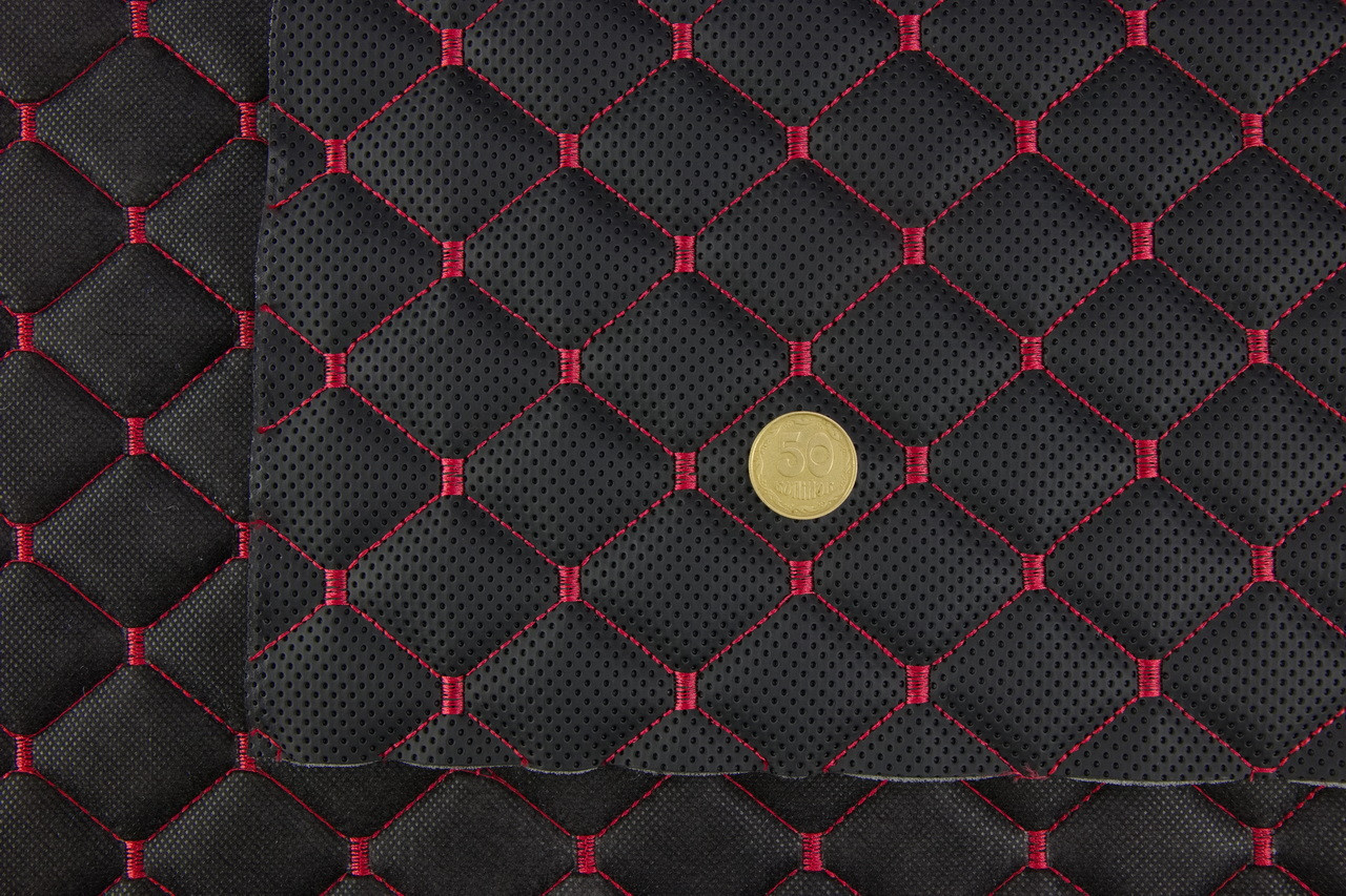 Кожзам псевдо-перфорированный "Ромб черный" прошит красной нитью, на поролоне 7мм, ширина 1,35м Турция детальная фотка