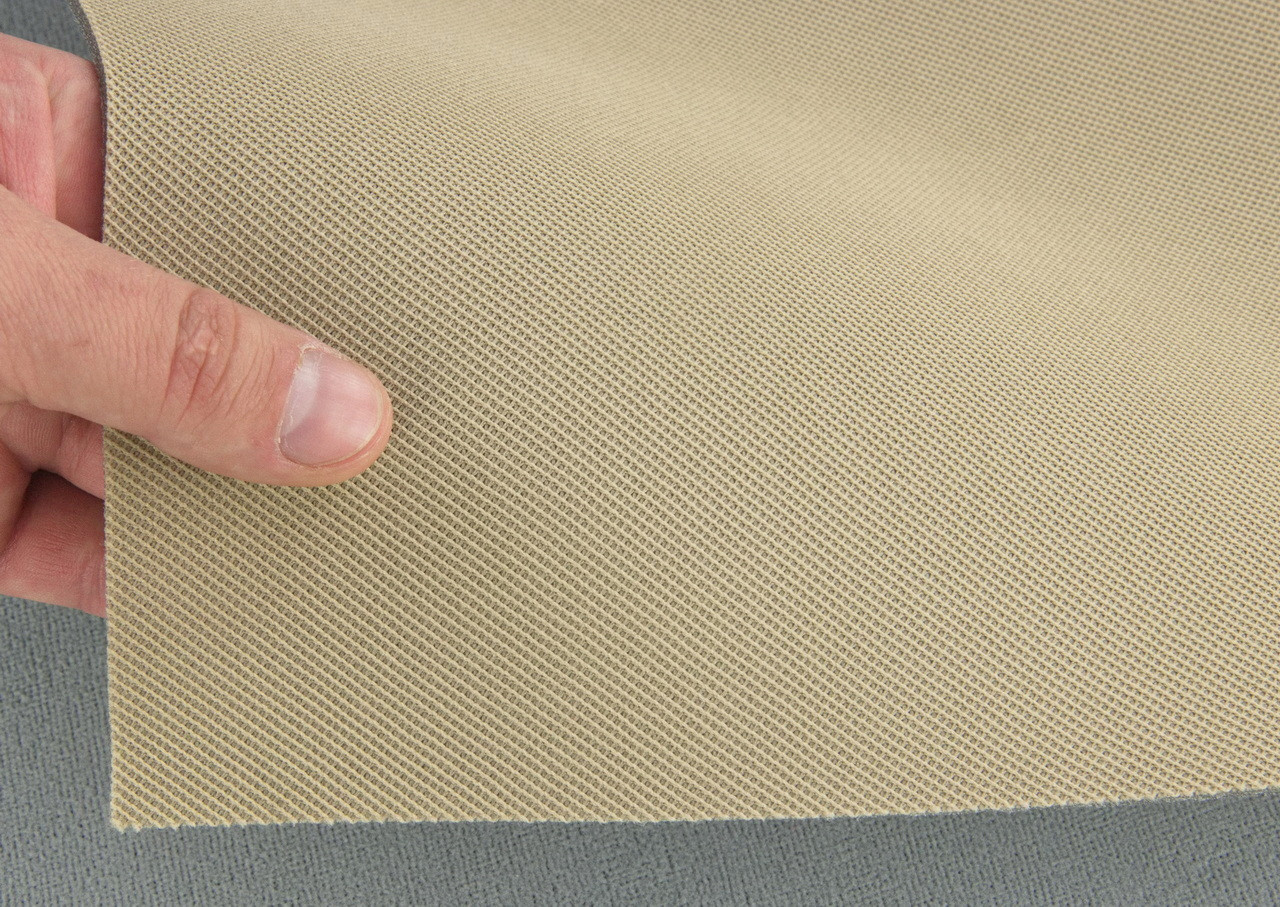Ткань потолочная цвет бежевая Koper Beige на поролоне 2,8 мм с сеткой, ширина 1.80 метра детальная фотка