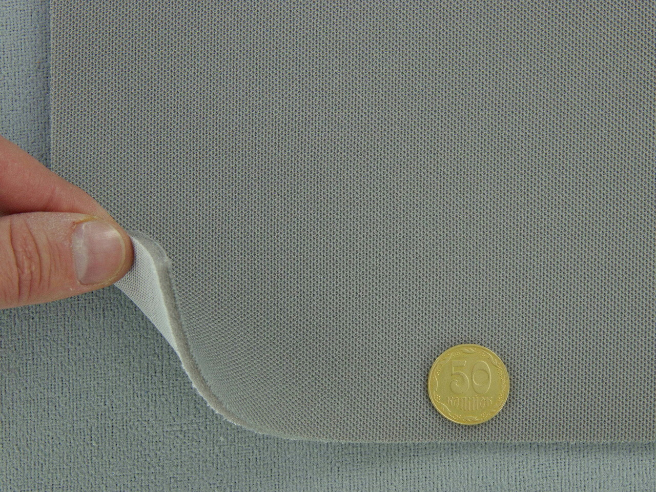 Автоткань потолочная KL-57 оригинальная на поролоне с сеткой, цвет темно-серый, толщина 3мм ширина 167см детальная фотка