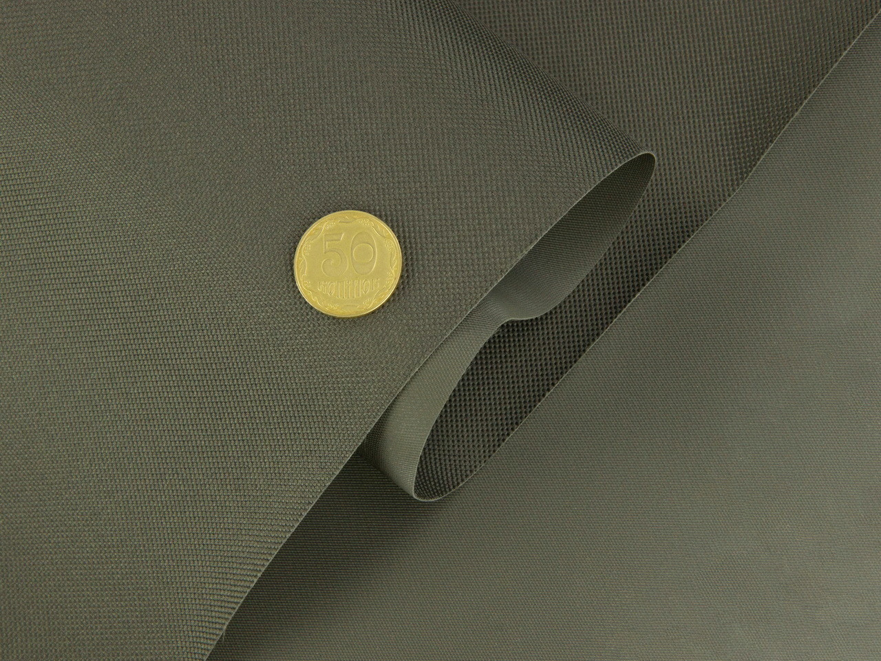 Ткань нейлоновая Oxford Olive-ПВХ (490гр/м2), на ПВХ основе, ширина 150см детальная фотка