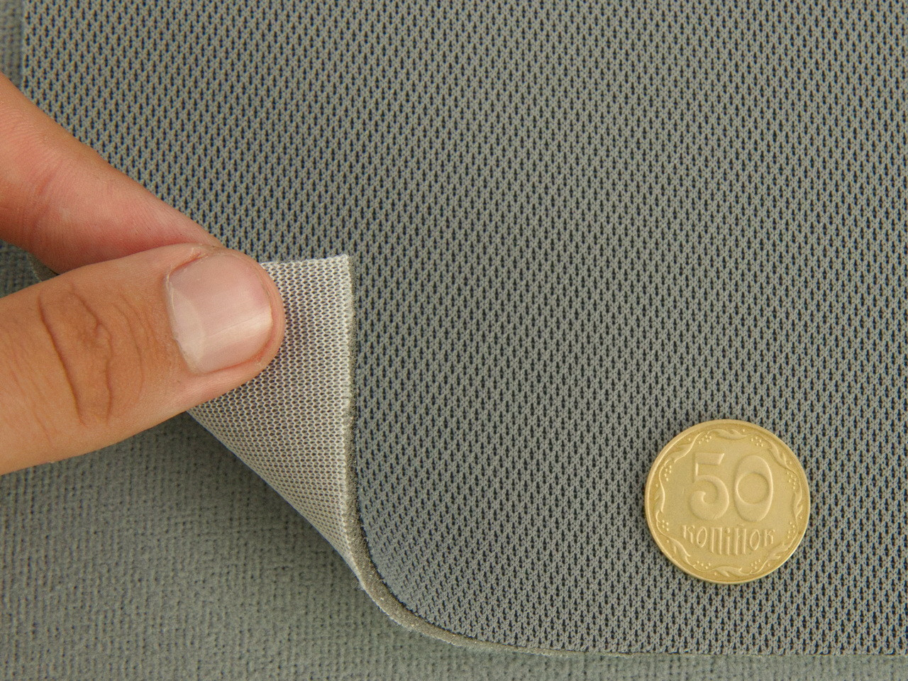 Автоткань потолочная ARES-205, цвет мокрый асфальт, на поролоне с сеткой, толщина 3мм, ширина 173см, Турция детальная фотка