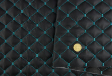 Кожзам стёганый черный «Ромб» (прошитый бирюзовой нитью) дублированный синтепоном и флизелином, ширина 1,35м анонс фото