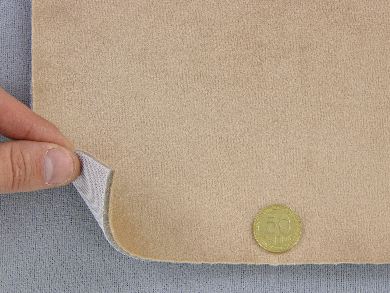 Ткань потолочная авто велюр бежевый LIRA-p17005, на поролоне 3 мм с сеткой, ширина 1.50м (Турция) детальная фотка