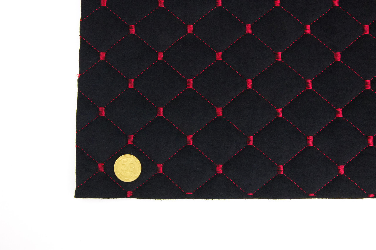 Велюр стёганый черный «Ромб» (прошитый красной нитью) синтепон и флизелин, ширина 1,40м детальная фотка