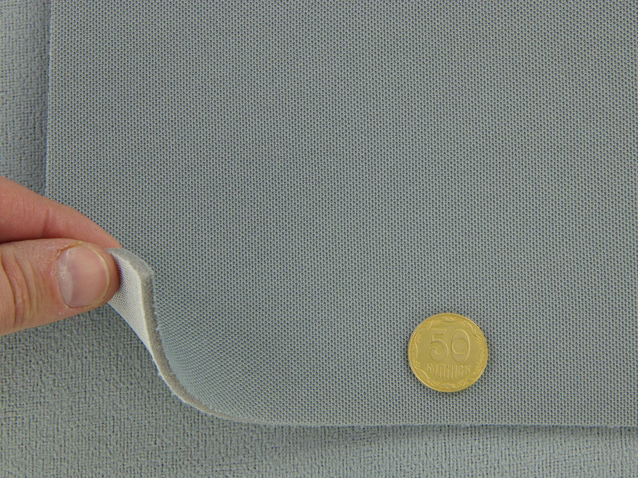 Автоткань потолочная KL-54 оригинальная на поролоне с сеткой, цвет стальной, толщина 3мм ширина 167см детальная фотка