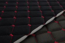Велюр стеганый черный «Ромб» (прошитый красной нитью) на поролоне 7мм, подложка флизелин, ширина 1,35м анонс фото